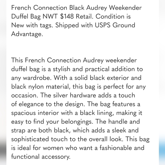 French Connection Black Audrey Weekender Duffel Bag NWT $148 Retail - Picture 2 of 12
